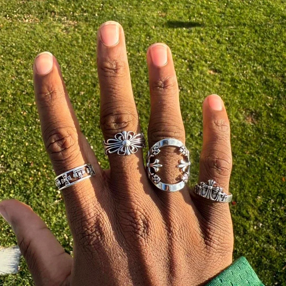 Mens Silver Gothic Statement Rings Adjustable Y2K Streetwear Cross Band Ring